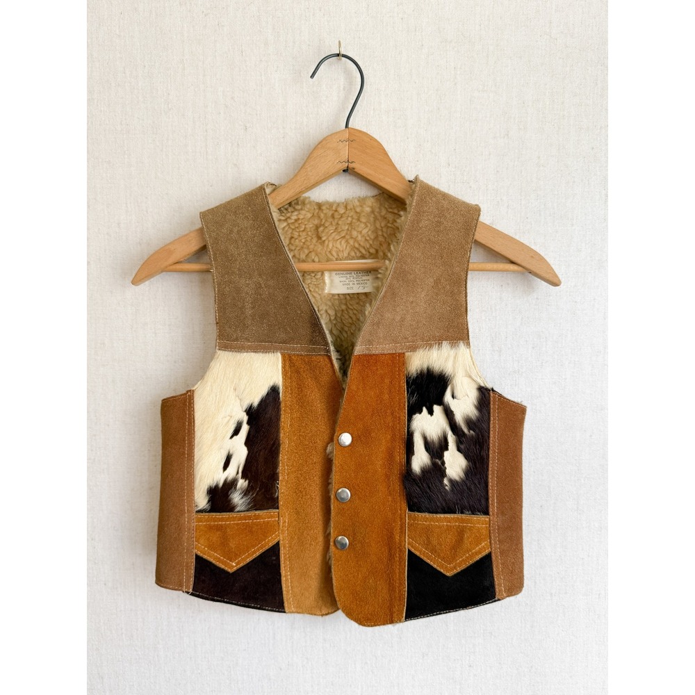 I.D.M. Leather Patchwork Vest Cowhide Western Suede Size S Brown Faux Shearling